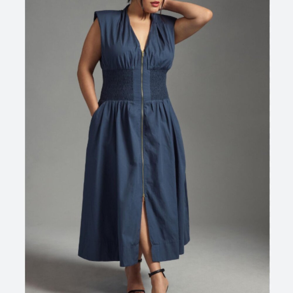 117 Tommie Cap-Sleeve Smocked Front-Zip Shirt Dress